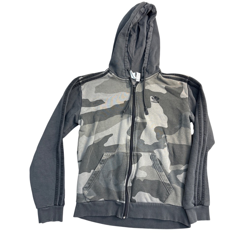 Adidas Originals Mens Camo Full Zip Hoodie Grey Trefoil Three Stripe Jacket M